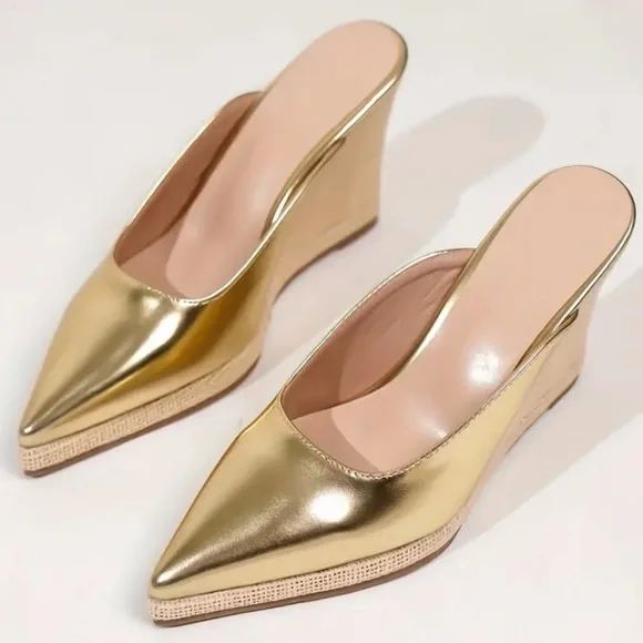 NEW Gold Pointy Toe Wedge Slides - Picture 1 of 4